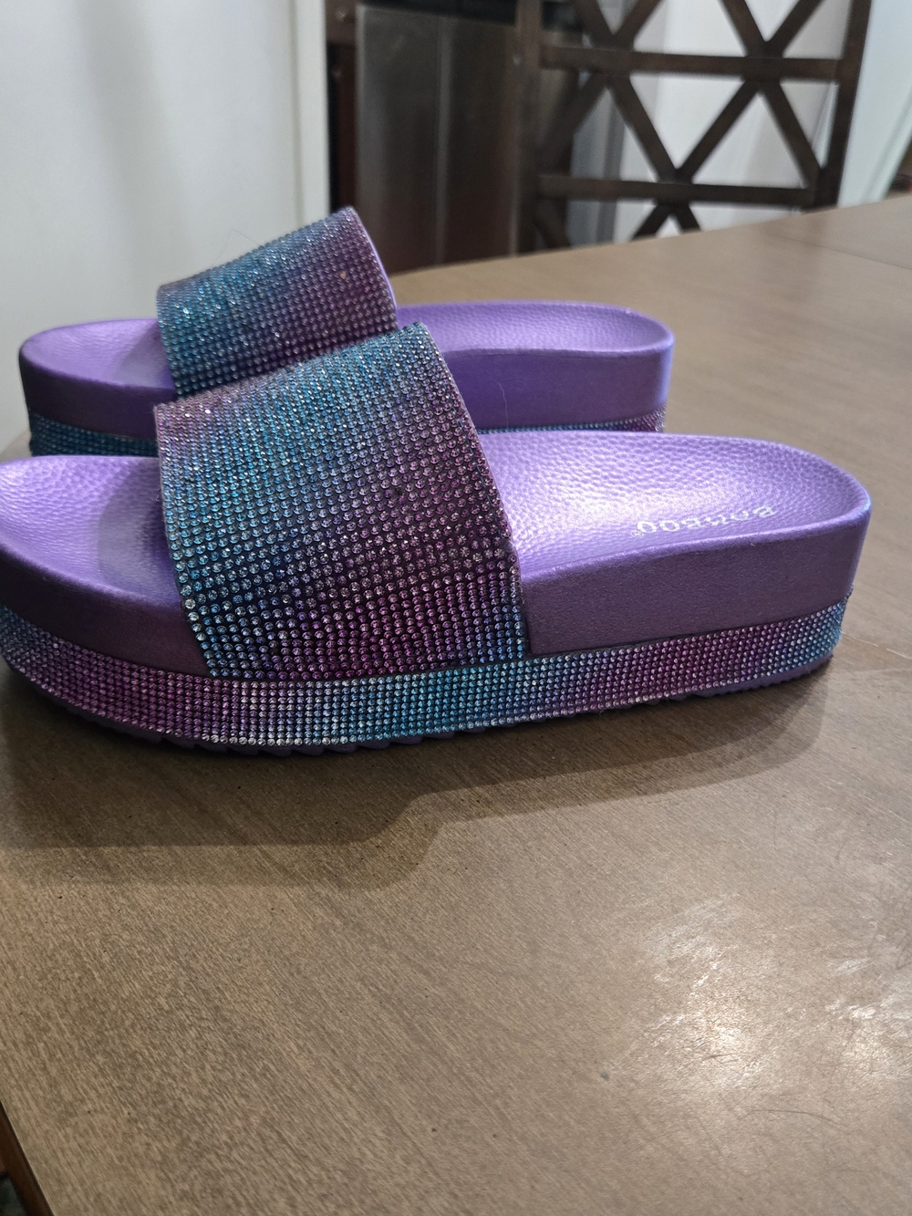 BAMBOO Purple Blue Ombre Rhinestone Platform Slide Sandals